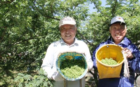 ぶどう山椒の農家さんがかごを持って笑っている写真