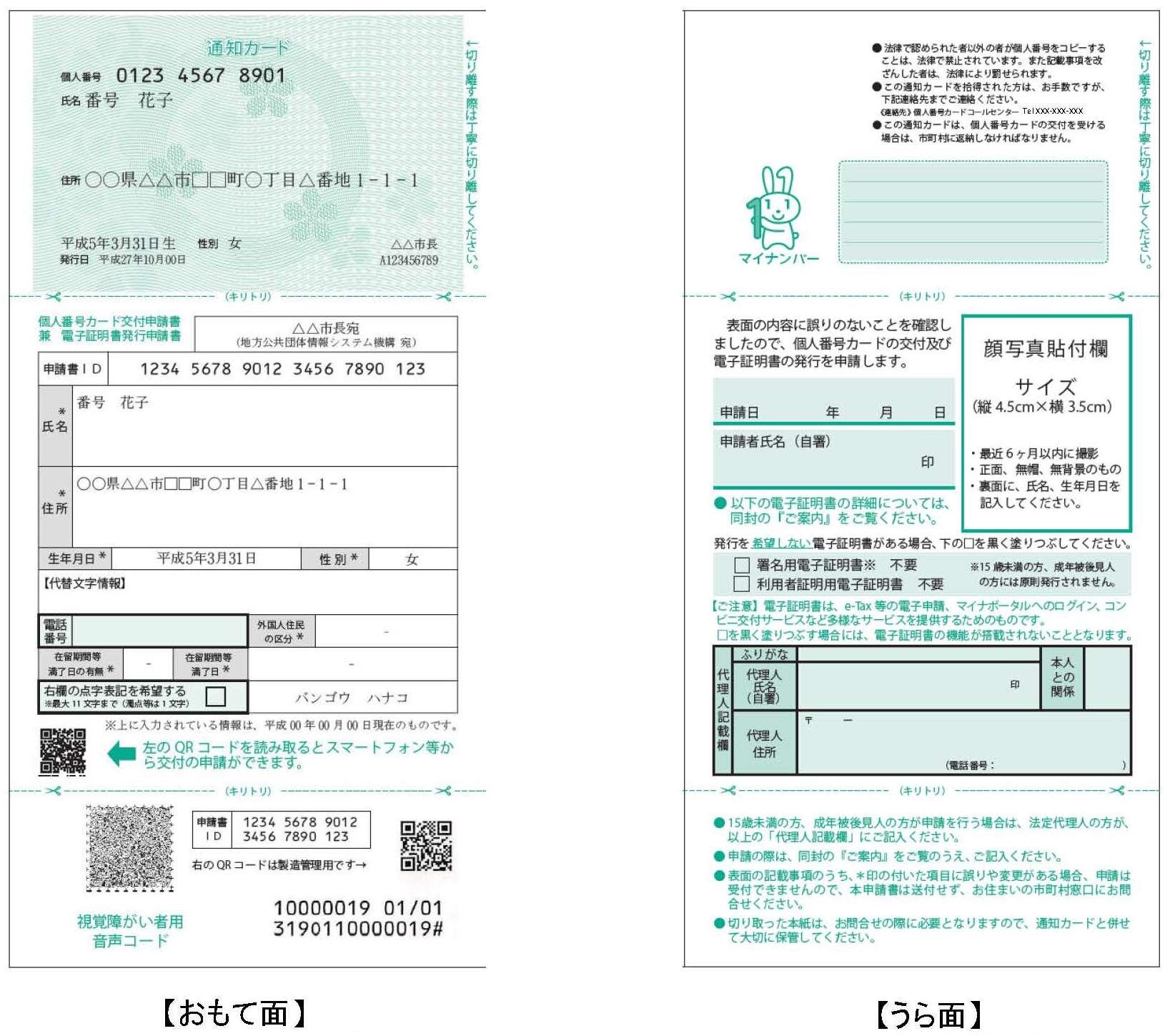 通知カードのおもて面と裏面