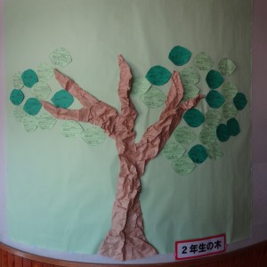 葉っぱを貼るための壁に紙で作られた二年生の「読書の木」の写真