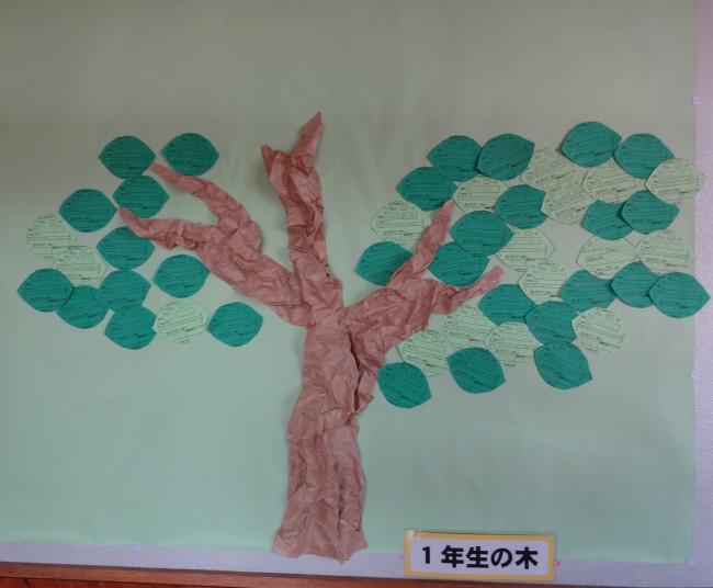 葉っぱを貼るための壁に紙で作られた一年生の「読書の木」の写真