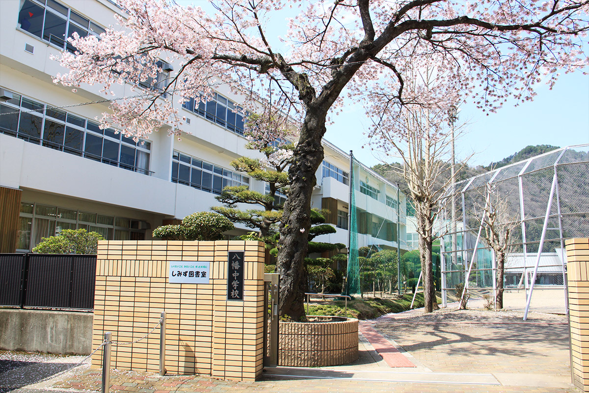 しみず図書室の外観写真。大きな桜の木に花が咲いている。